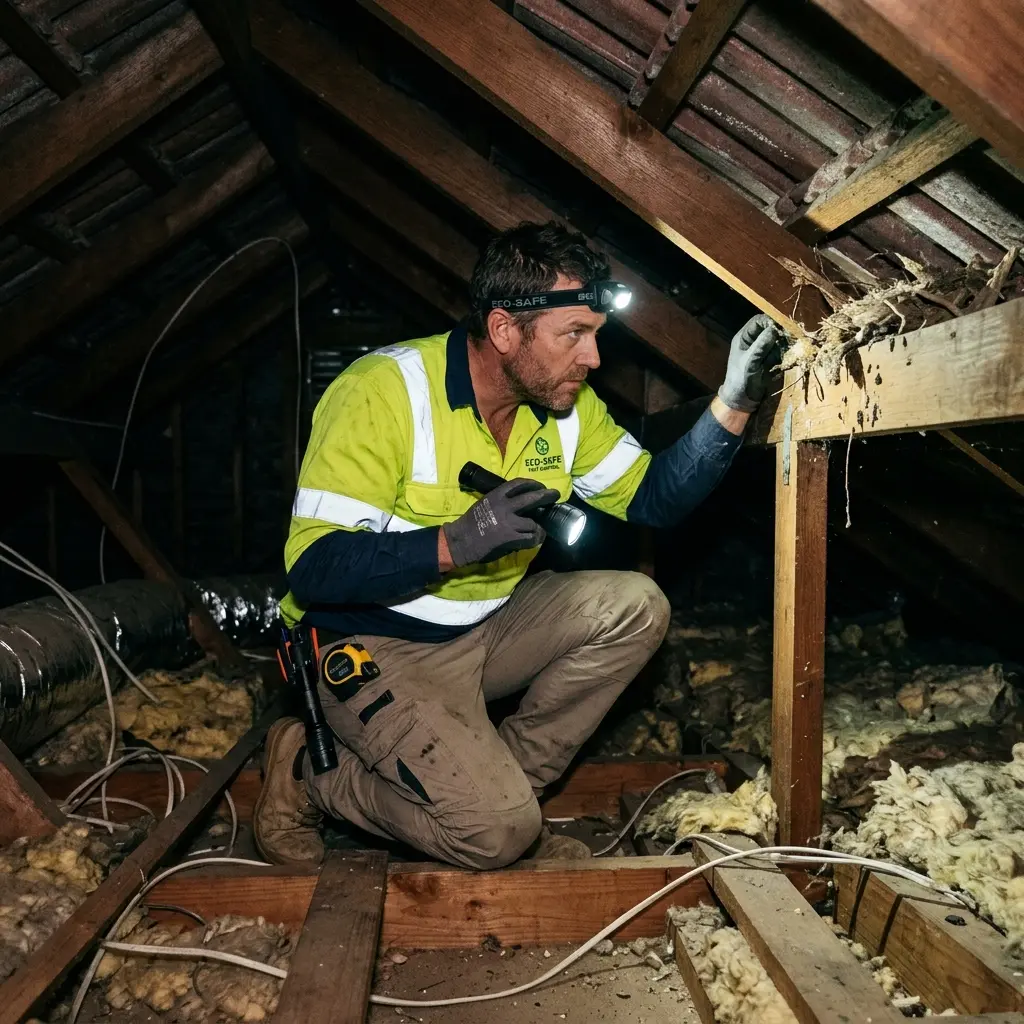 Technician inspecting a roof cavity for a dead animal in St Albans Park