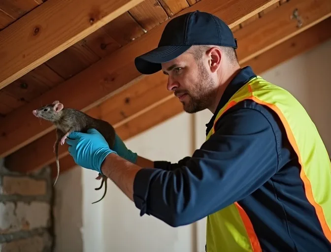 Technician inspecting a roof cavity for a dead rat in St Albans Park